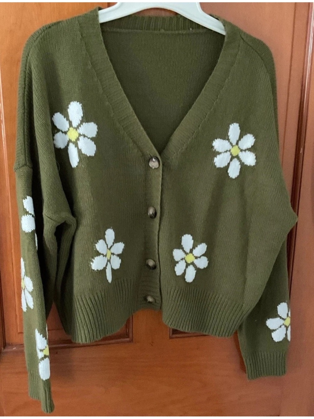 Olive Green Floral Cropped L V-Neck Button Cardigan